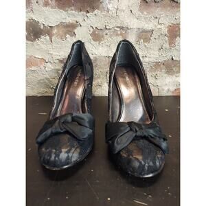 Nine West Womens Heels Pumps 8.5 Black Lace Bow Leather Sole High Heel Formal